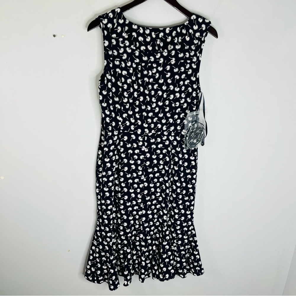 Talbots NEW Size 8 Floral Navy V-Neck Sheath midi Chiffon Dress Belted - Picture 6 of 8
